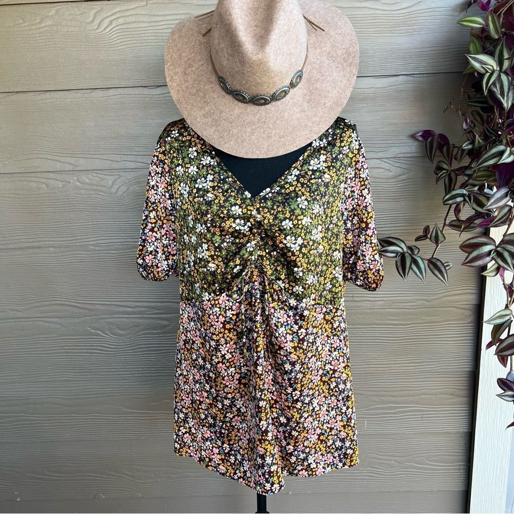 Cato Pink Green‎ Yellow Mixed Ditsy Floral Ruched V Neck Blouse Sz XL Boho Retro